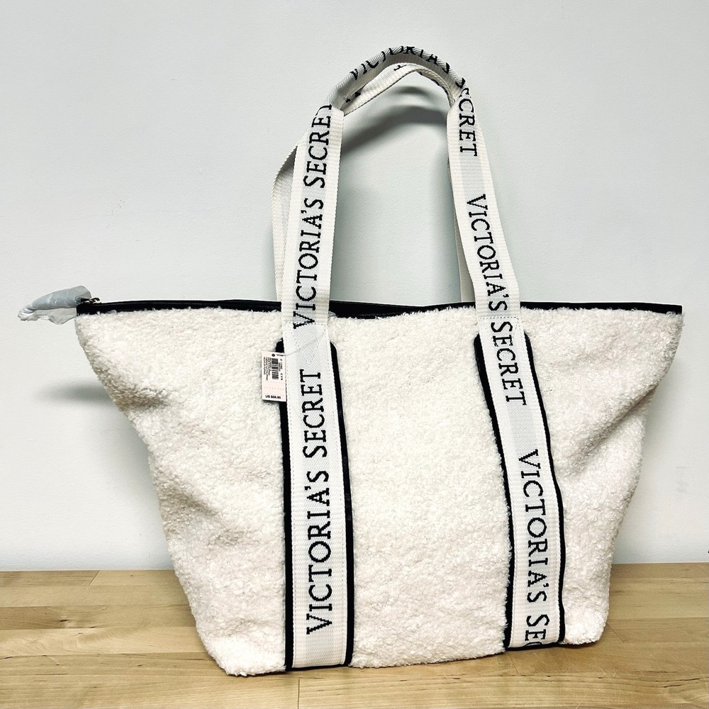 NEW Victorias Secret Sherpa Tote Bag White Fleece Logo Cozy Travel Carry On